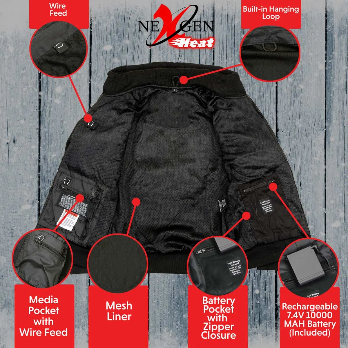 Nexgen Heat MPM1713SET Men's “Fiery’’ Heated Hoodie- Black Zipper Front Sweatshirt Jacket for Winter w/Battery Pack