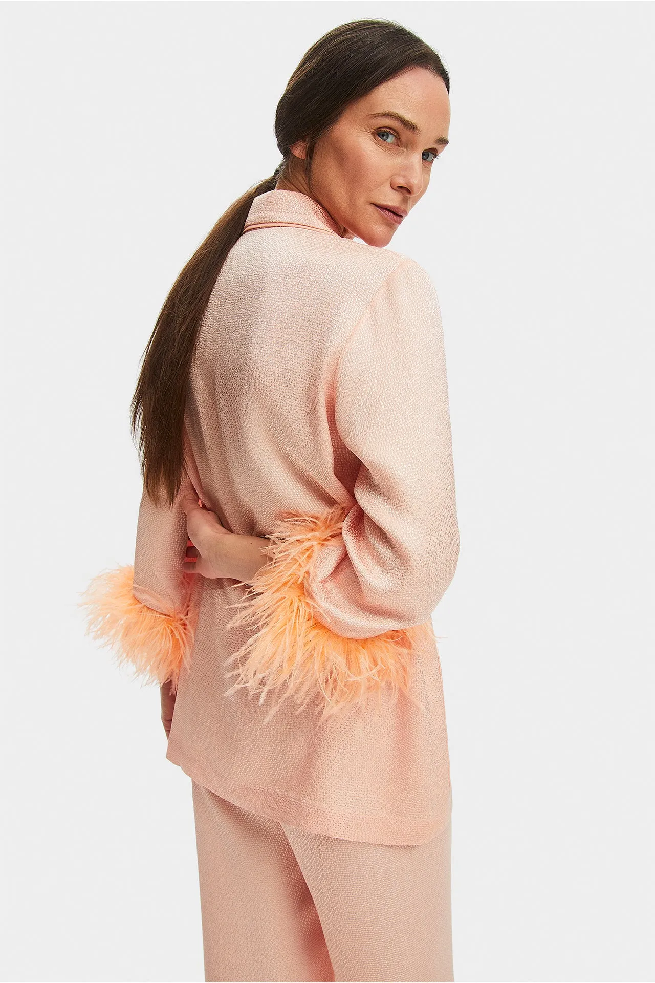 Peach Jacquard Party Pajamas Set With Detachable Feathers