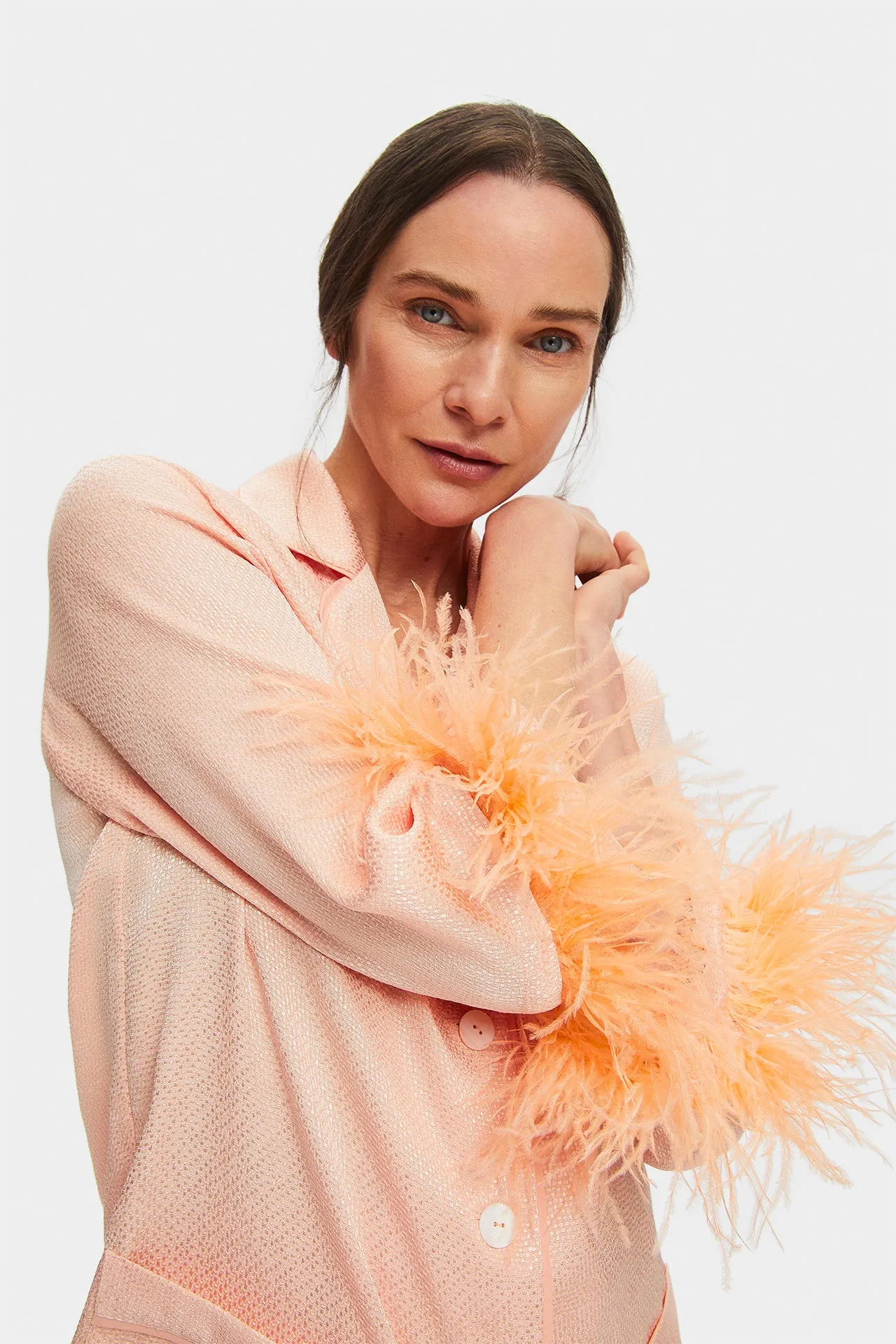 Peach Jacquard Party Pajamas Set With Detachable Feathers