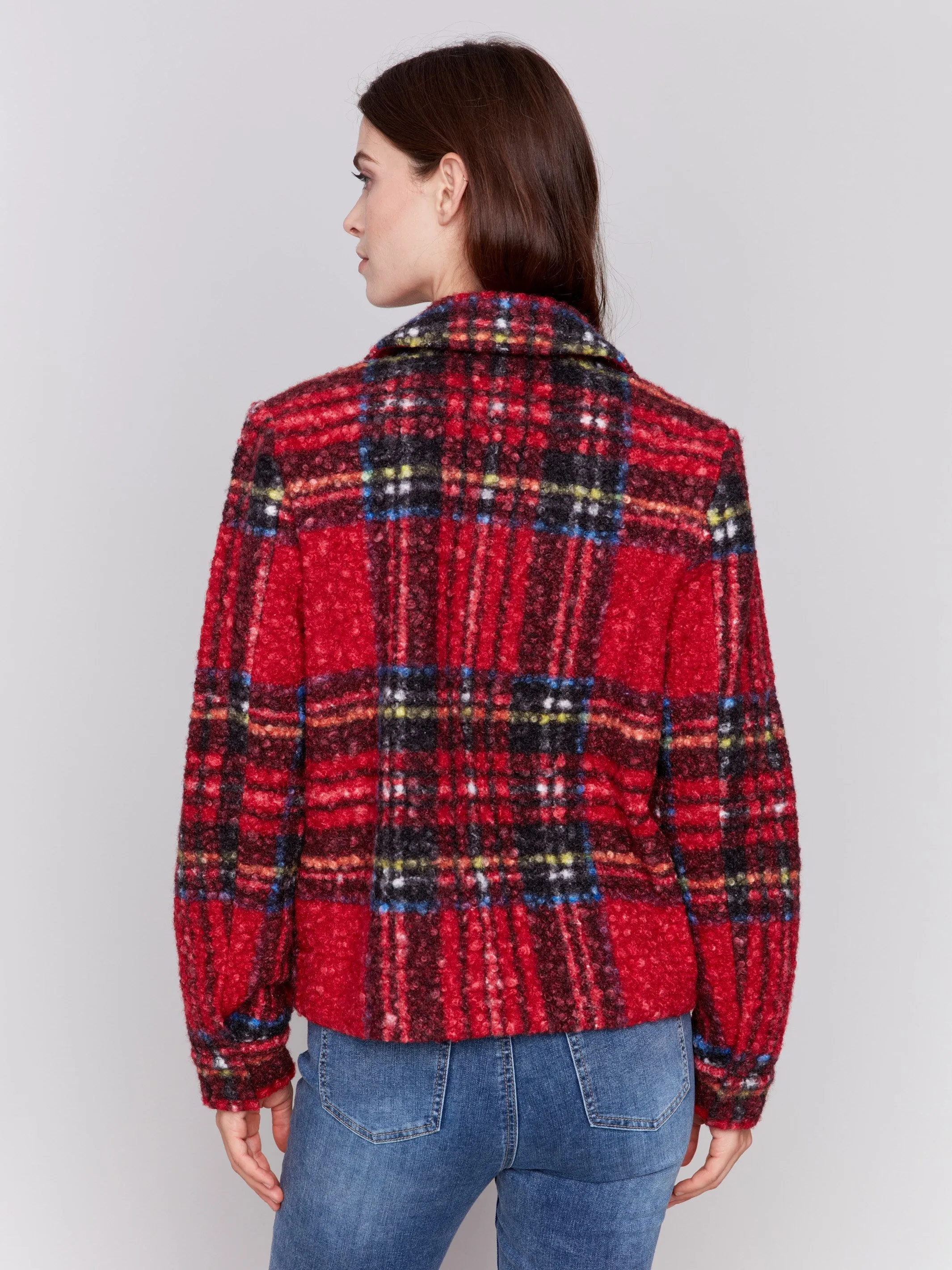 Plaid Bouclé Knit Short Coat - Cranberry