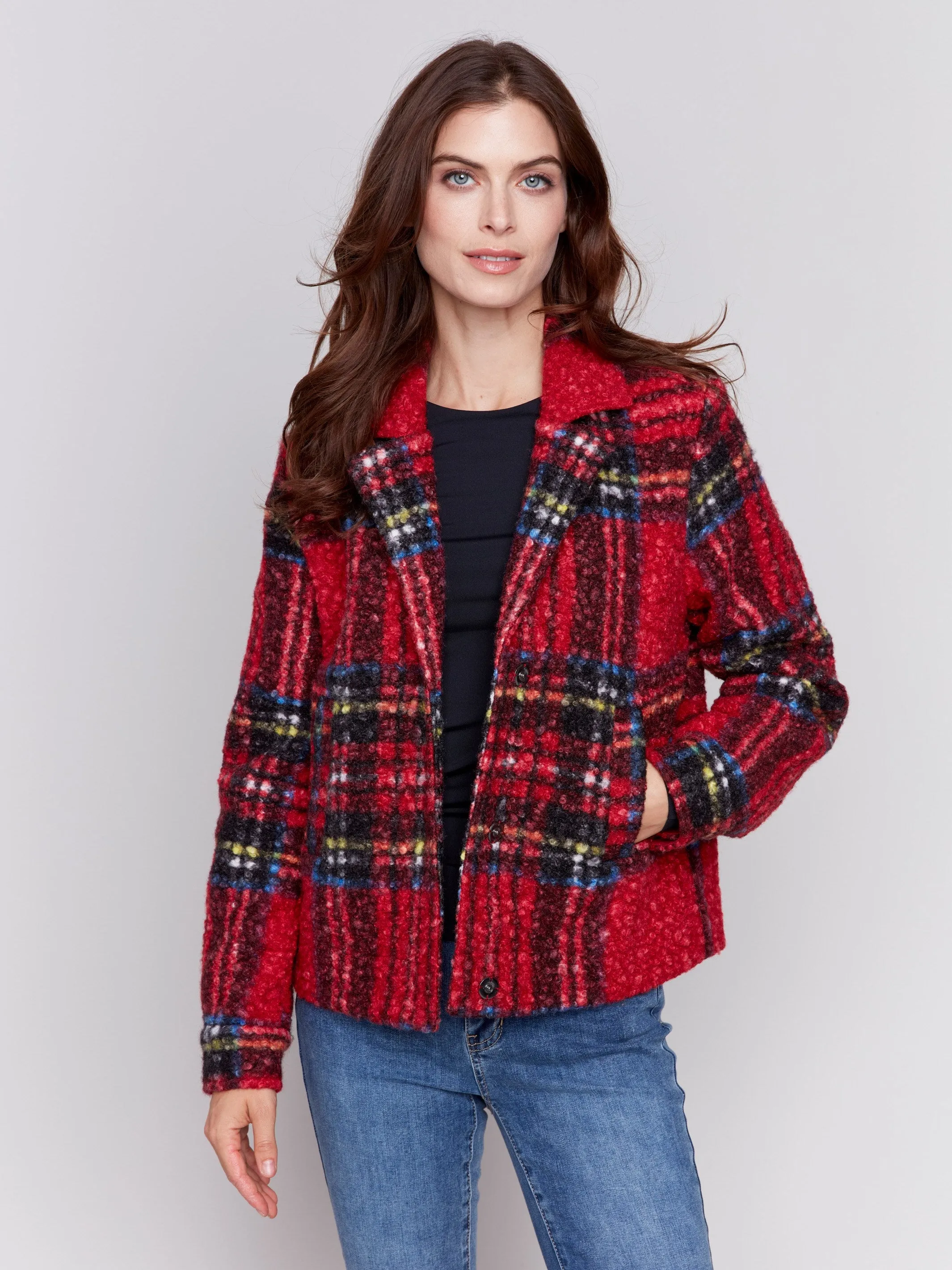 Plaid Bouclé Knit Short Coat - Cranberry