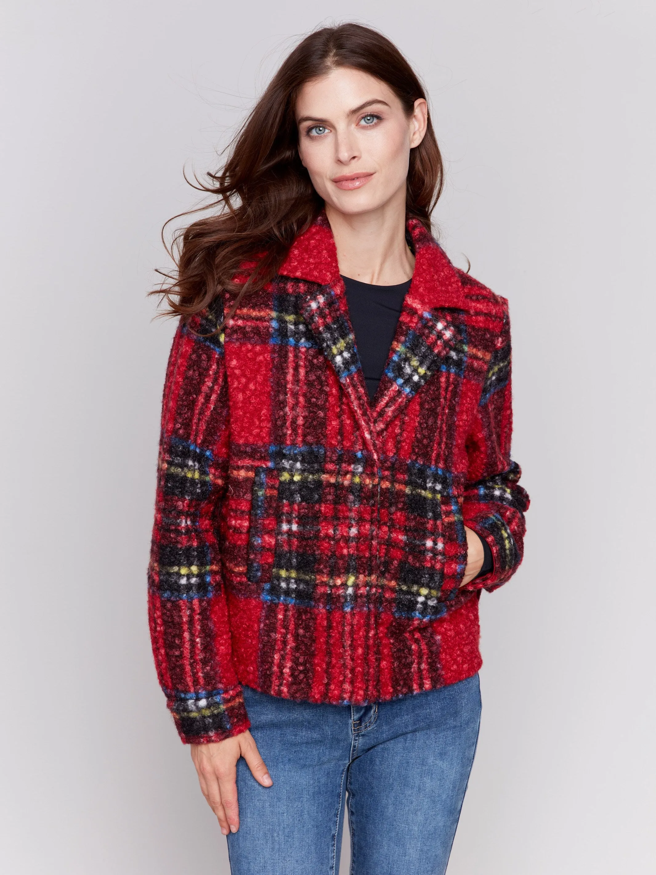 Plaid Bouclé Knit Short Coat - Cranberry