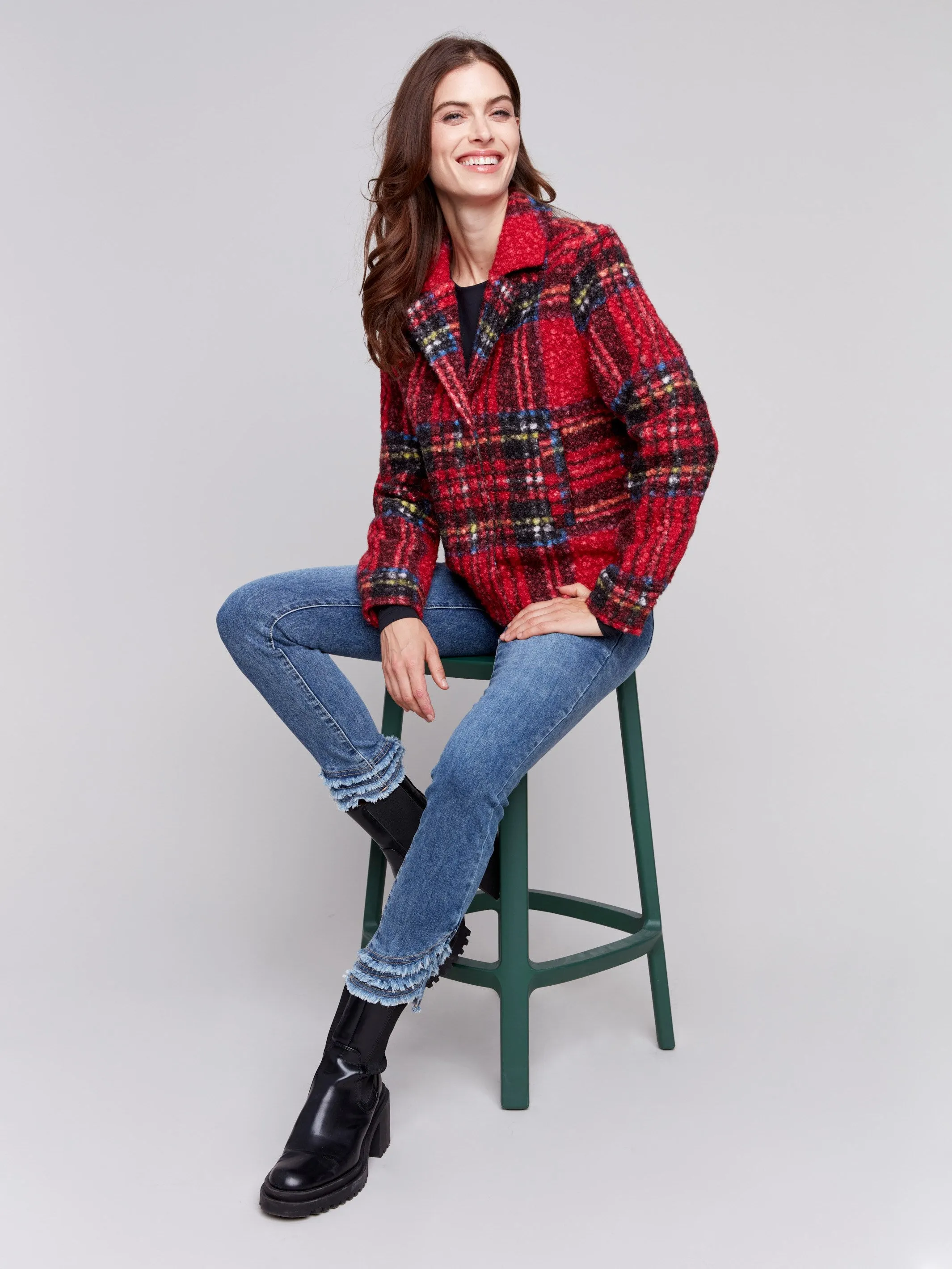 Plaid Bouclé Knit Short Coat - Cranberry