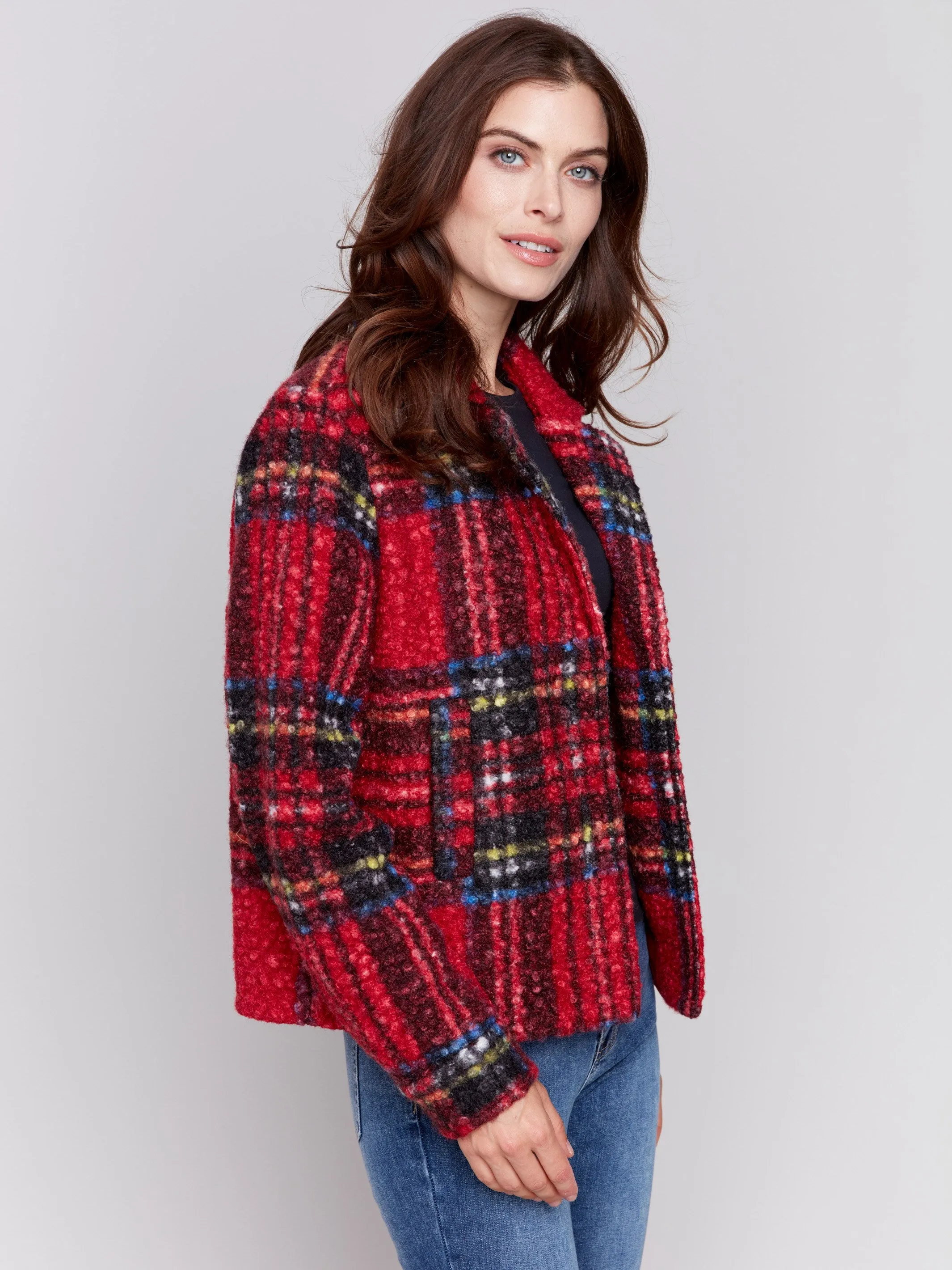 Plaid Bouclé Knit Short Coat - Cranberry