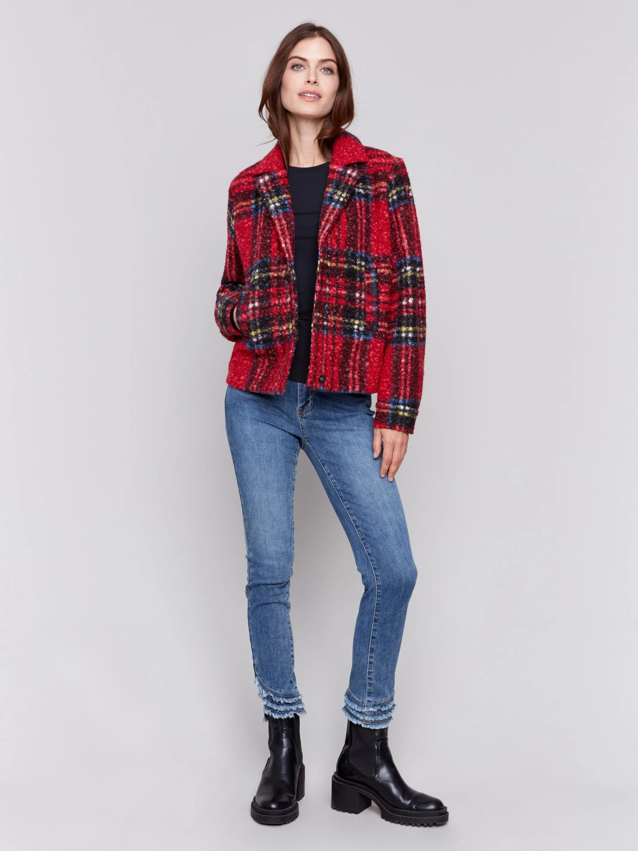 Plaid Bouclé Knit Short Coat - Cranberry