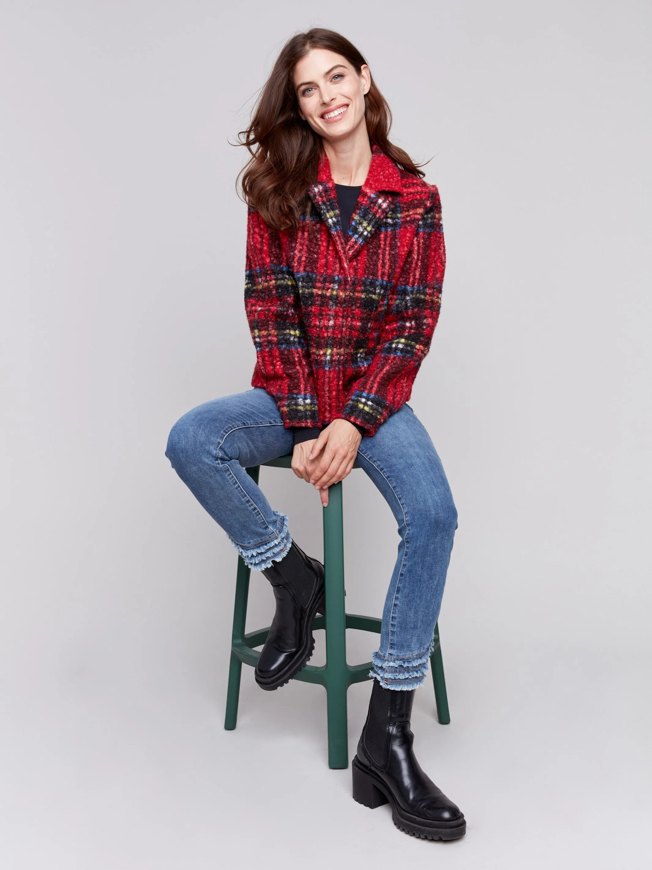 Plaid Bouclé Knit Short Coat - Cranberry