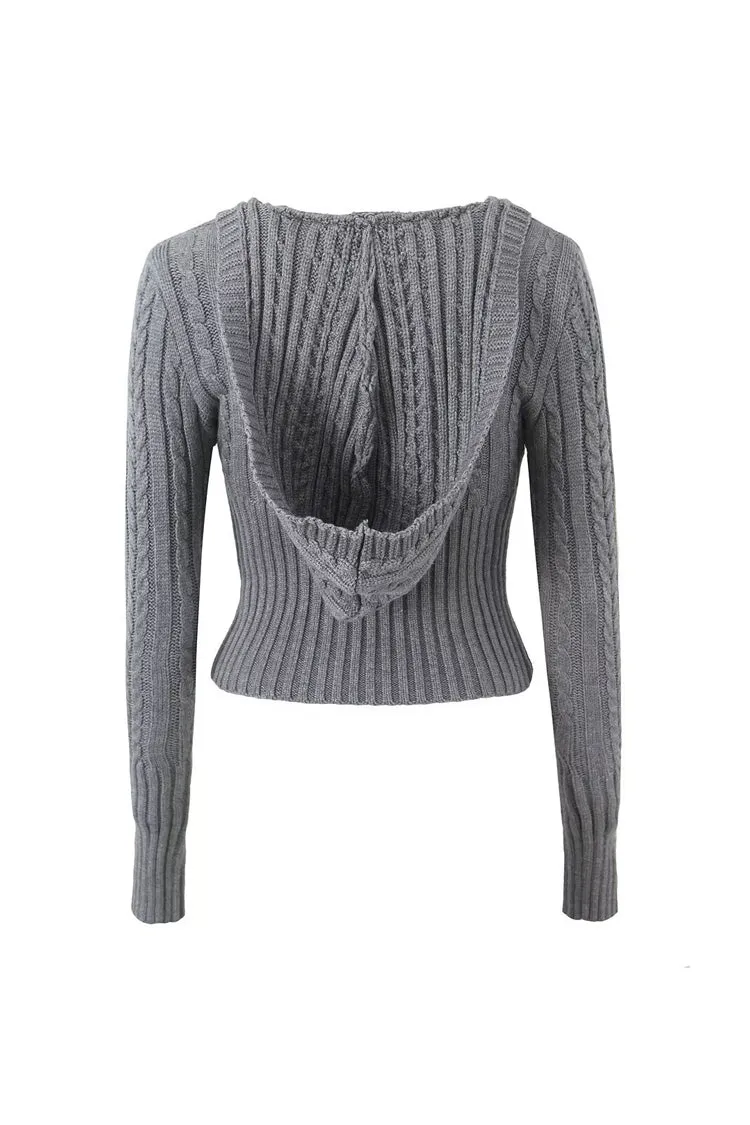 Preppy Style Hooded V Neck Long Sleeve Cable Ribbed Knit Crop Sweater