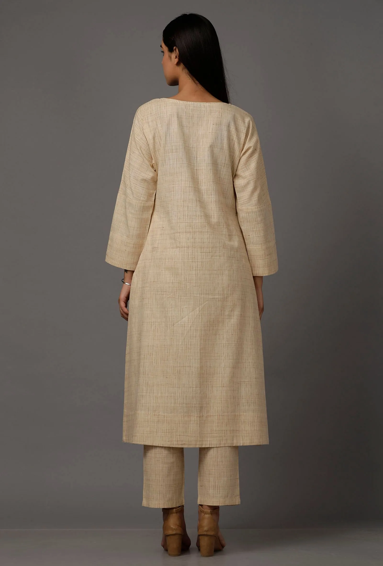 Set of 2: Cream White Pure Woven Cotton Kurta and Pants