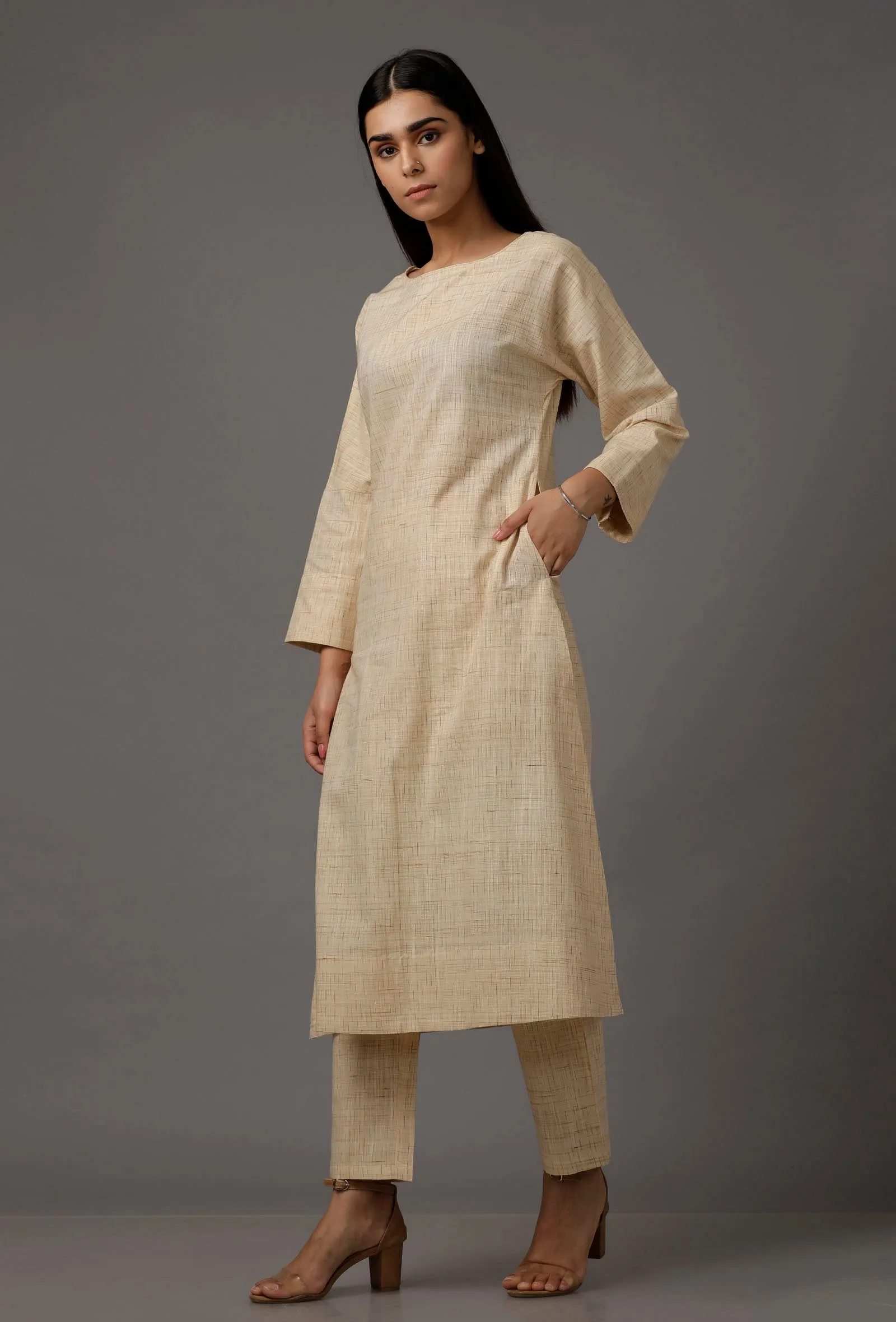 Set of 2: Cream White Pure Woven Cotton Kurta and Pants