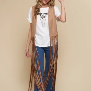 Western Long Open Fringe Suede Vest