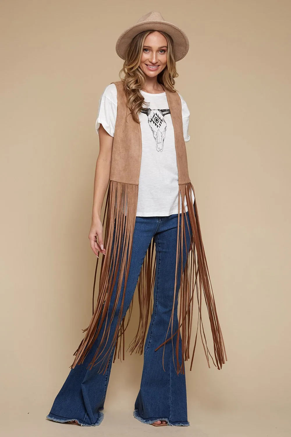 Western Long Open Fringe Suede Vest