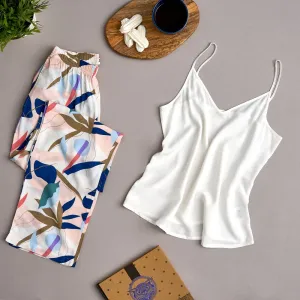 Women summer pajama set Off-white Top  Blue leaves pants