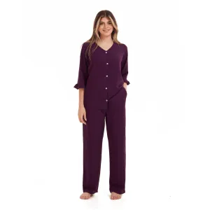 Women summer pajama set  Purple Buttoned Shirt with Ruffled Sleeves shirt   Pants