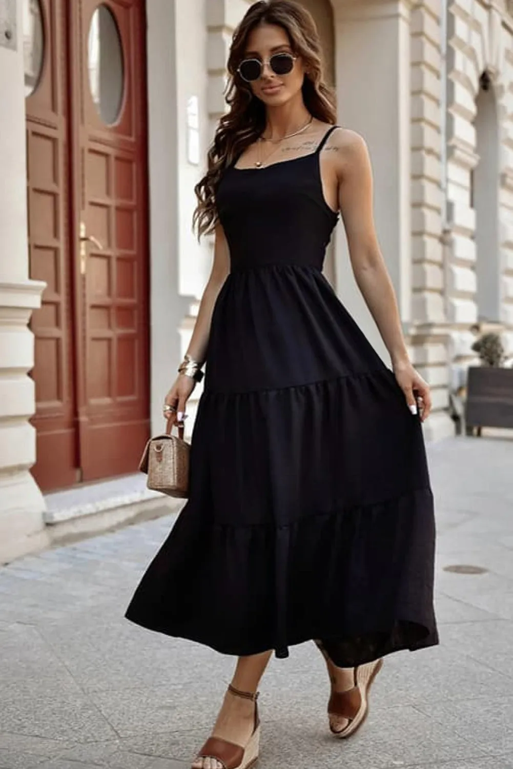 Womens Black Crossover Backless Bodice Tiered Maxi Dress