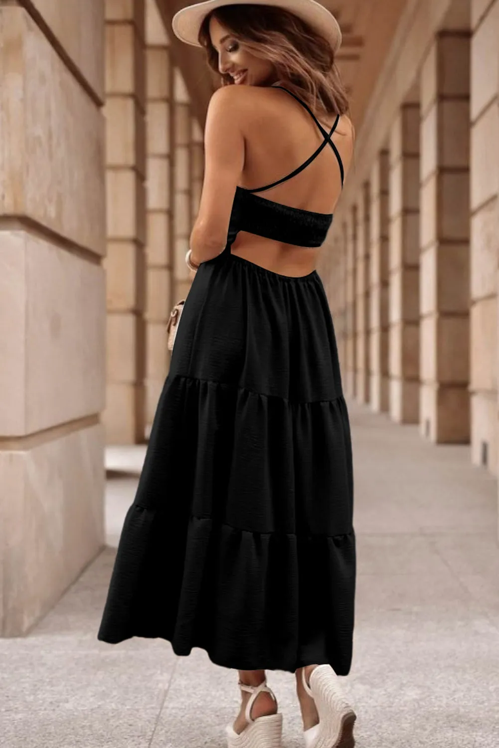 Womens Black Crossover Backless Bodice Tiered Maxi Dress