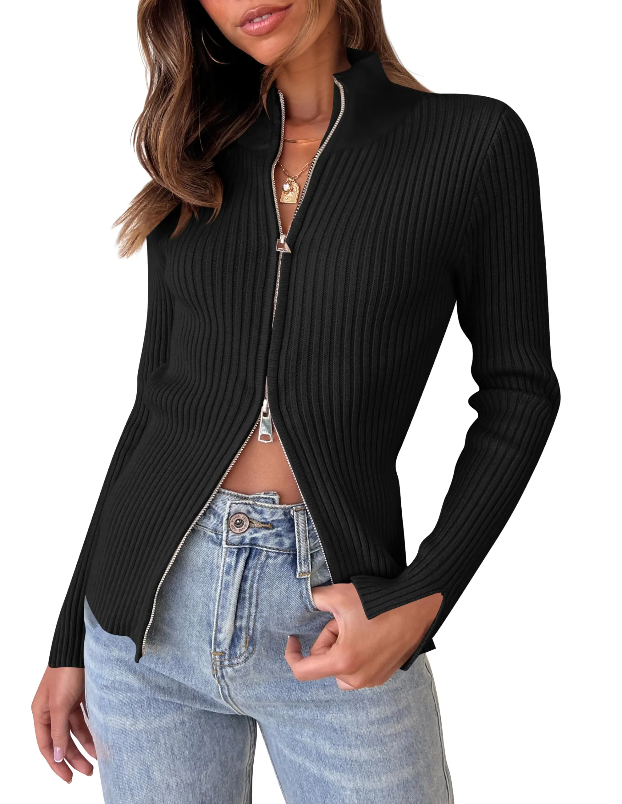 ZESICA Long Sleeve V Neck Zip Up Ribbed Knit Slim Fitted Top