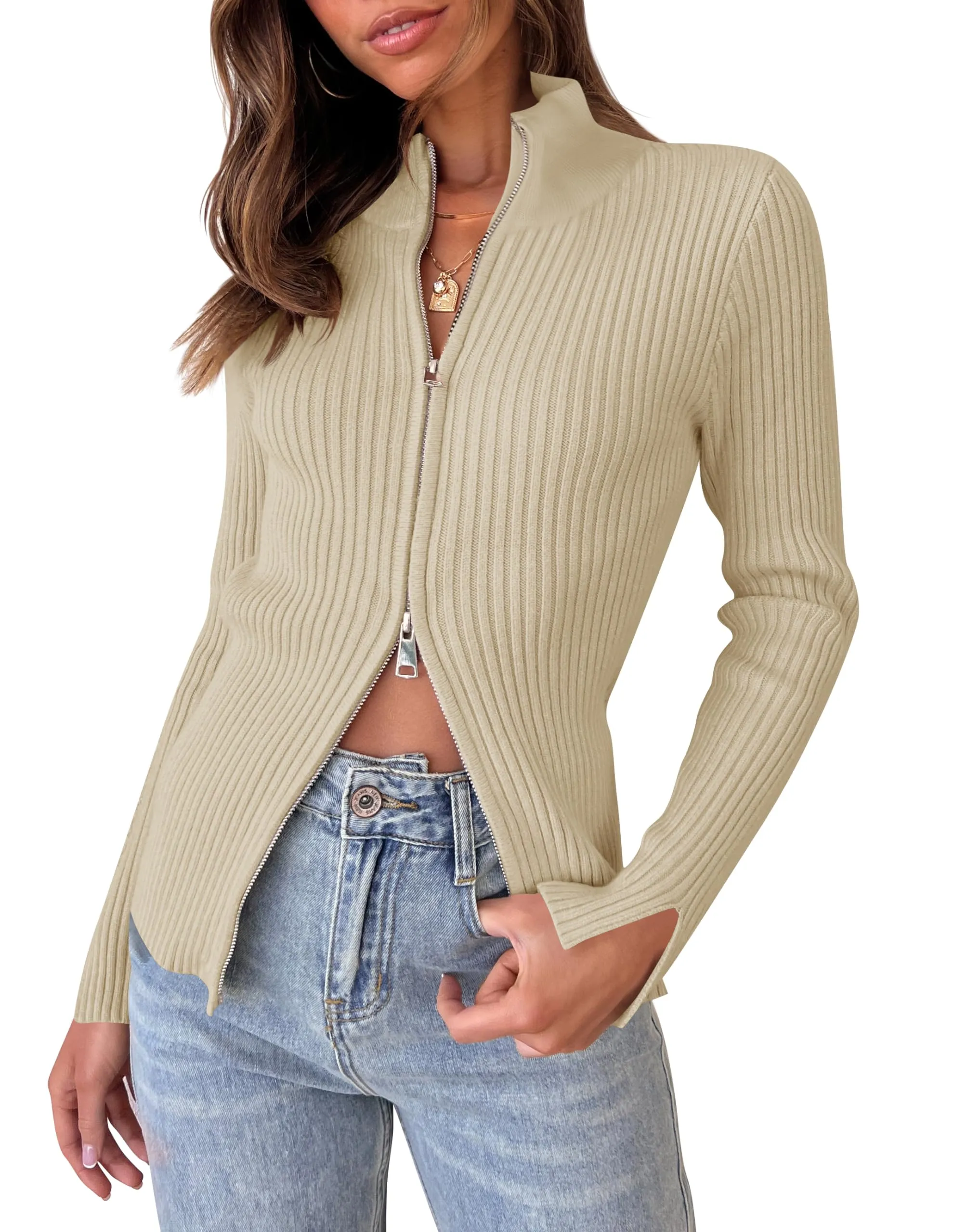 ZESICA Long Sleeve V Neck Zip Up Ribbed Knit Slim Fitted Top