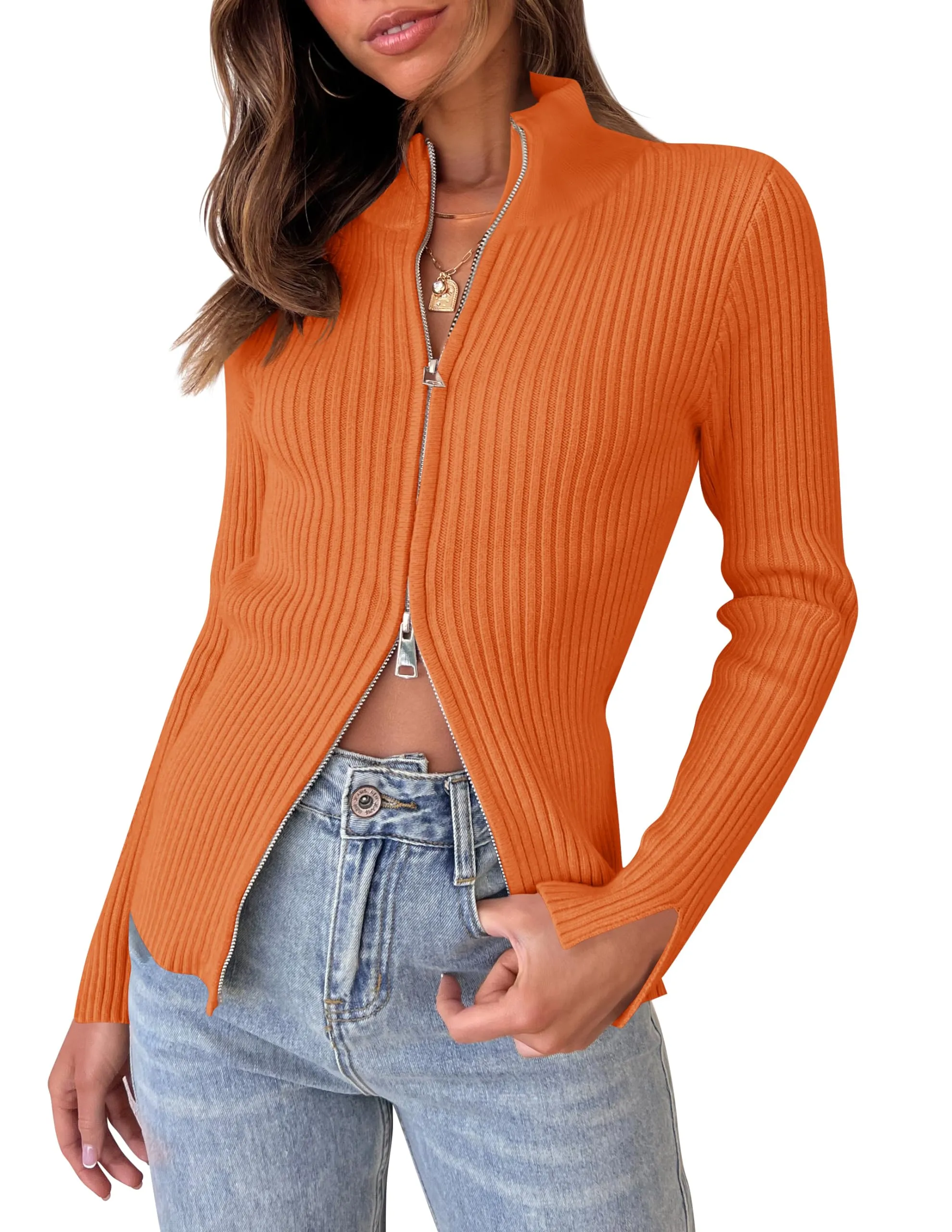 ZESICA Long Sleeve V Neck Zip Up Ribbed Knit Slim Fitted Top