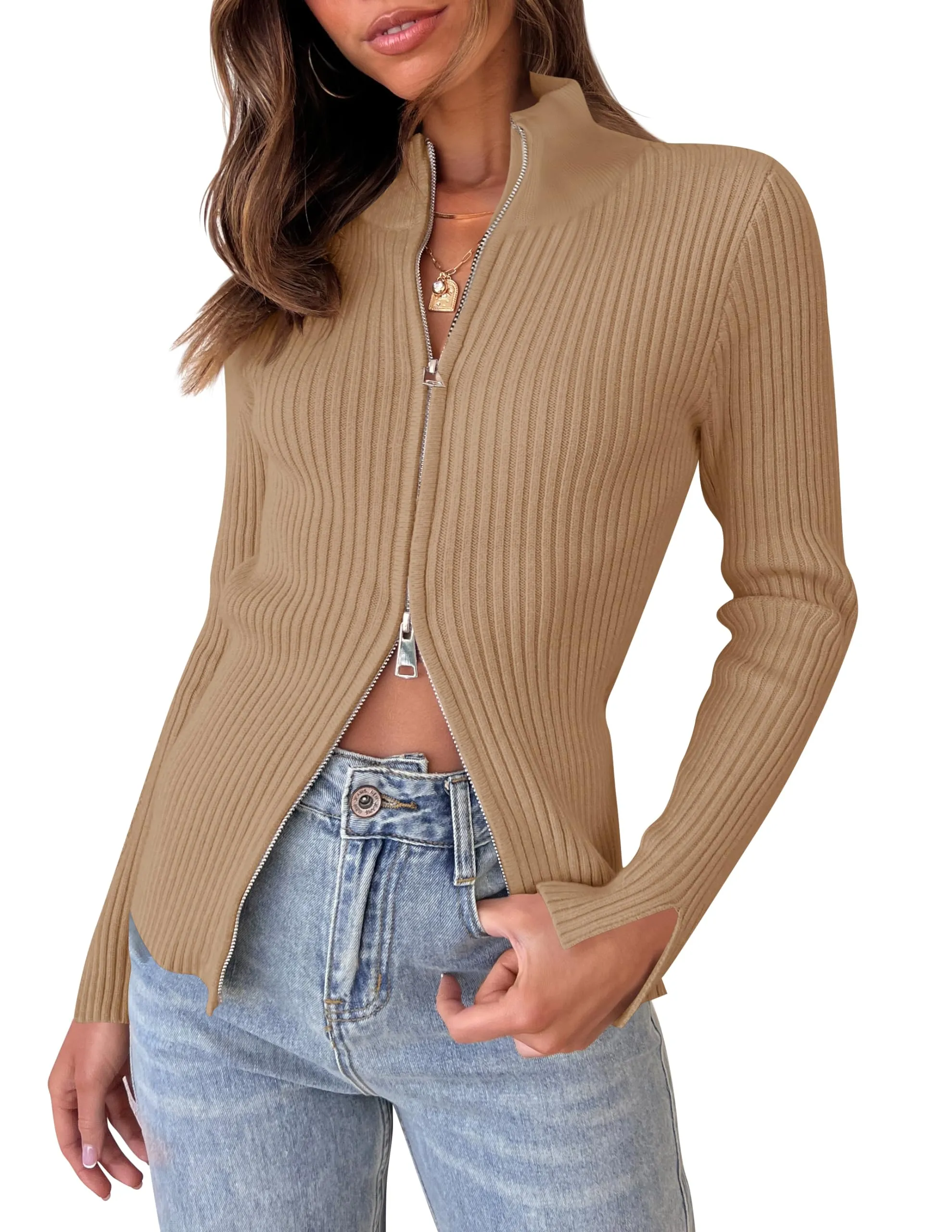 ZESICA Long Sleeve V Neck Zip Up Ribbed Knit Slim Fitted Top