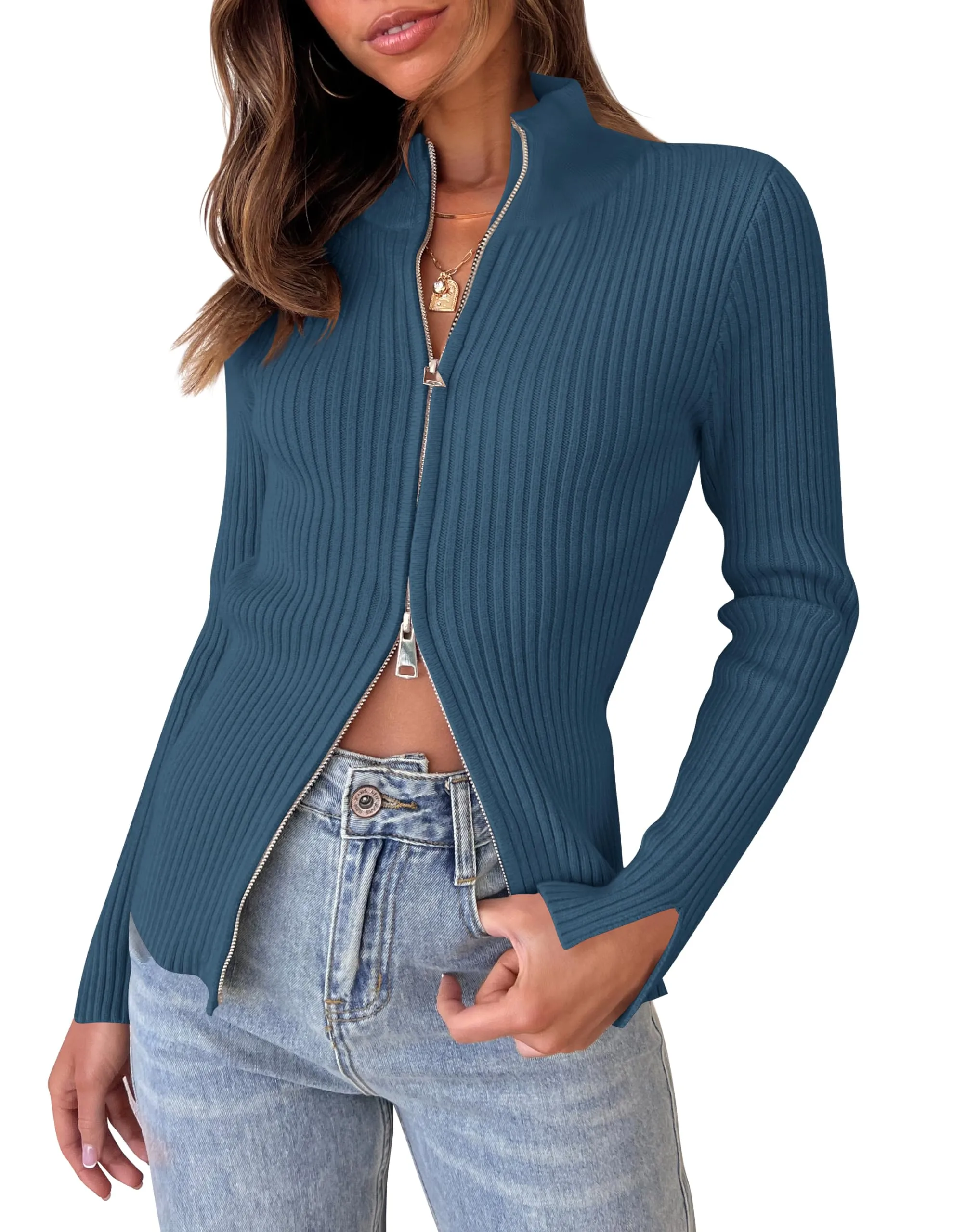 ZESICA Long Sleeve V Neck Zip Up Ribbed Knit Slim Fitted Top