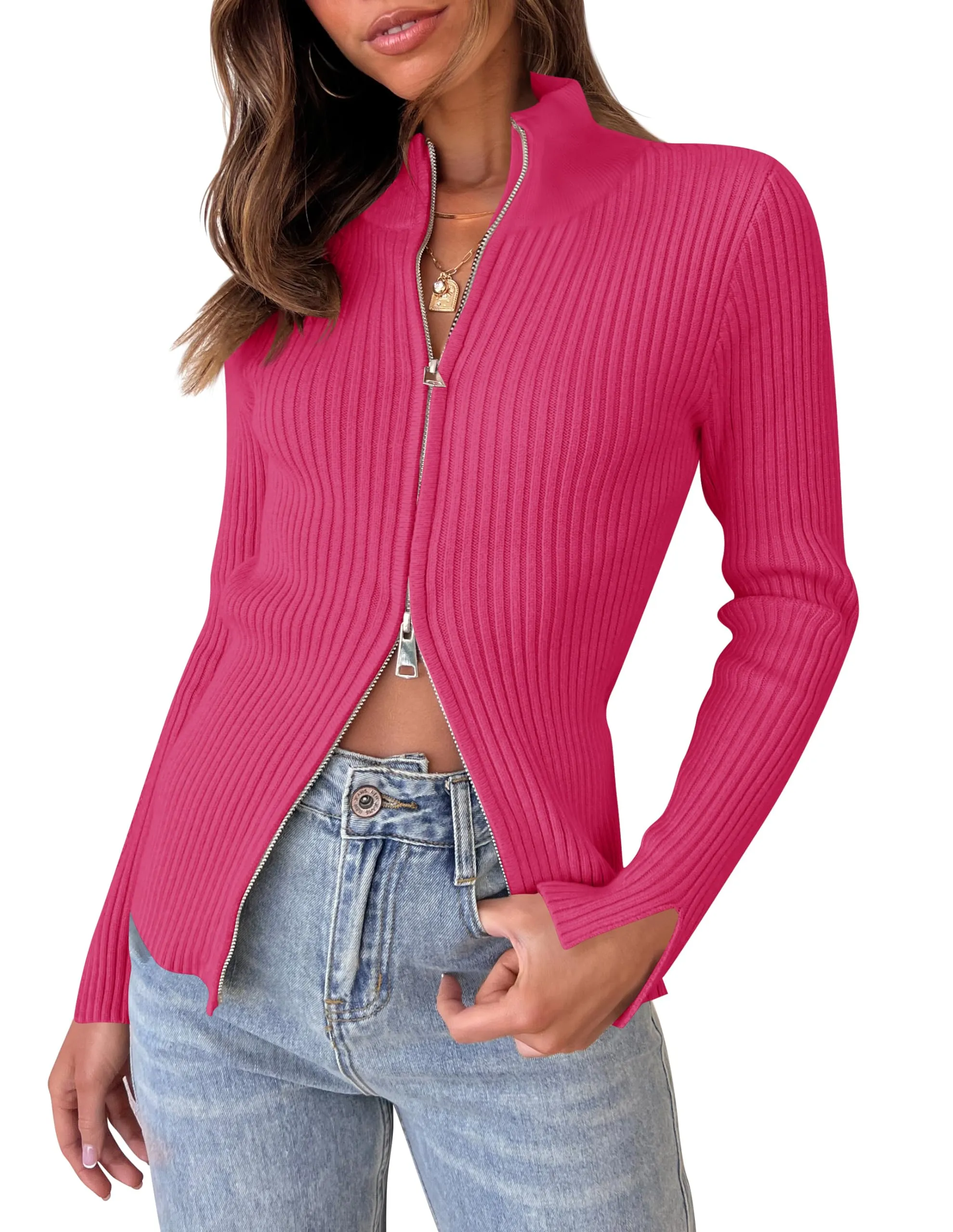 ZESICA Long Sleeve V Neck Zip Up Ribbed Knit Slim Fitted Top